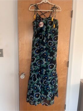 Hayden Navy and Green Floral Spaghetti-Strap Maxi Dress with Tassels